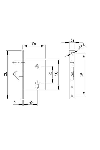 EmaConstruct Sliding gate mortise lock, backset 60 mm, center distance 72 mm, length 130 mm
