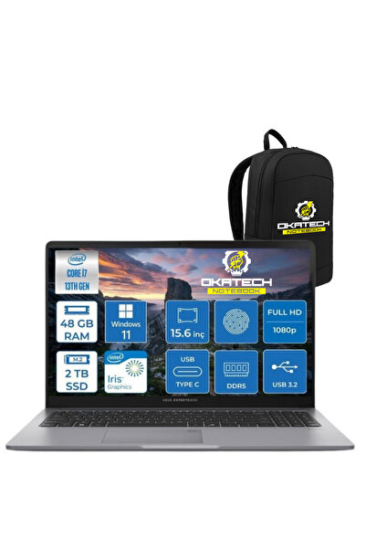 ASUS EXPERTBOOK P1503 INTELCORE I7-13620H 48GB RAM 2 TB SSD WİN11 PRO 15.6” FHD NOTEBOOK + OKATECH ÇANTA