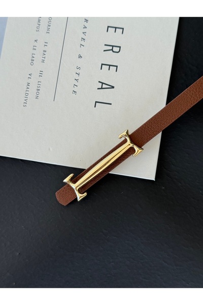 TABA BUTİK Leather Women's Belt with Gold Buckle Detail