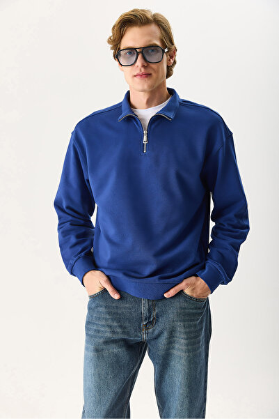 VENA Hanorac pentru bărbați Bruce guler ridicat cu jumătate de fermoar tricou bumbac 100% - bleumarin