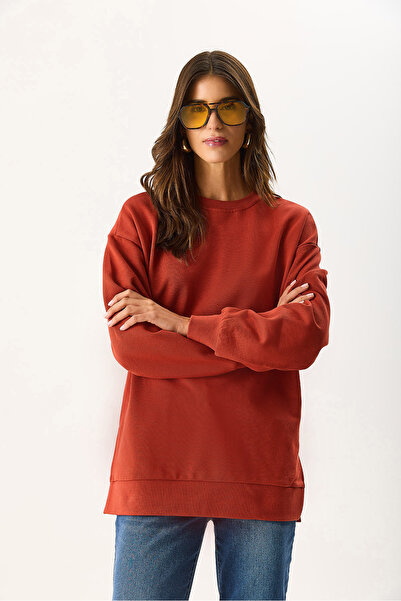 VENA Women's Crew Neck Side Slit Regular Fit 3 Thread Sweatshirt 100% Cotton - Tile