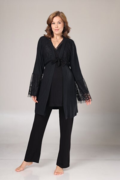 Pelin Women's Black Lace Detailed Adjustable Waist Maternity 3-Piece Pajama Set