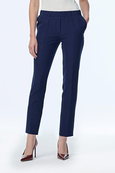 Zühre Navy Blue Fabric Trousers with Elastic Waist and Skinny Legs P-0148