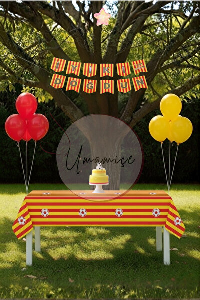 Umamiçe مجموعة حفلات صغيرة باللون الأصفر والأحمر - مفرش طاولة + لافتة + 5 بال...