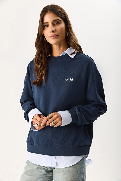 VENA Women's Good Wibes Printed Sweatshirt 100% Cotton - Navy Blue