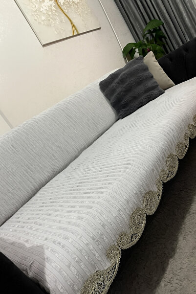 Keremhome Bambu Çizgili Kaymaz Süngerli Kadife Dantelli Kanepe Örtüsü 170x210 – Şık Çekyat Örtüsü