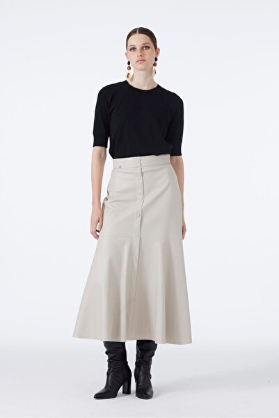 Zühre Button Look Stone Leather Skirt Etk-0194