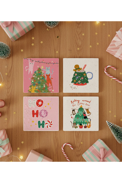 arslart Natural Stone Coasters with Cat and Christmas Tree Patterns, Colorful...