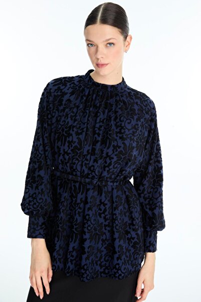 Zühre Patterned Balloon Sleeve Navy Blue Blouse B-0137