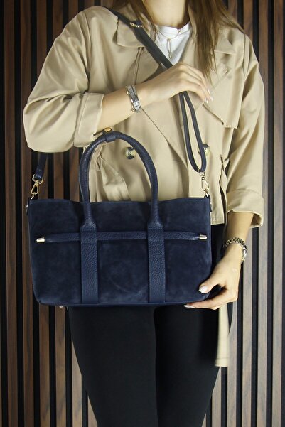Erkan Saçmacı Navy Blue Genuine Cowhide Suede Zippered Three-Compartment Inner Pocket Medium Size Casual Shoulder Bag with Strap