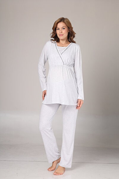 LOHOUSE Women's Gray Jacquard Cotton Winter Maternity Dressing Gown 3-Piece Pajama Set