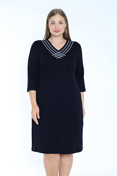 İntensive Siyah Şerit Detaylı Cepli Truvakar Kollu Pamuklu İnterlok V Yaka Kadın Büyük Beden Elbise