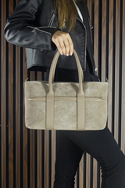 Erkan Saçmacı Kum Genuine Cowhide Suede Zippered Three-Compartment Inner Pocket Medium Size Casual Shoulder Bag with Strap