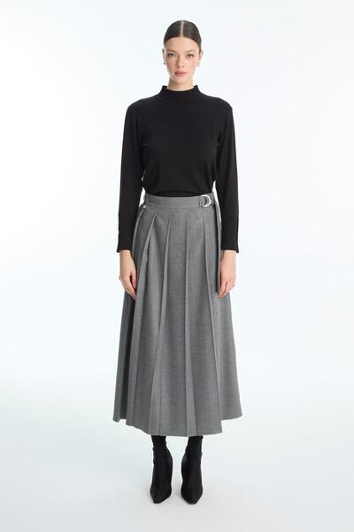Zühre Pleated Gray Skirt with Buckle Belt Etk-0195
