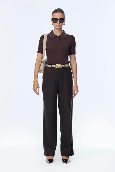 Zühre Wide Leg Brown Trousers with Accessory Detail P-0260