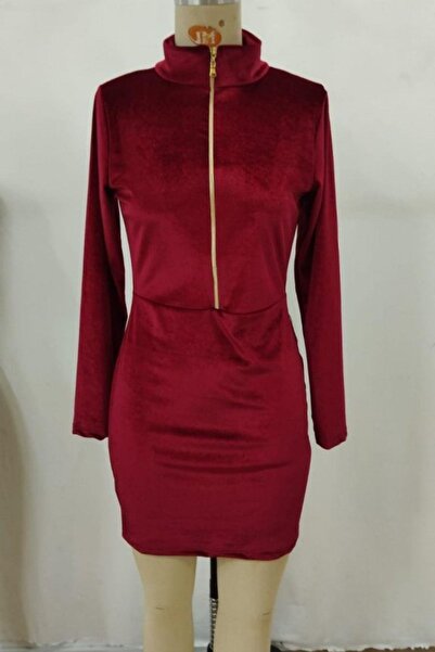 Mossta Turtleneck Zippered Mini Velvet Dress - Red