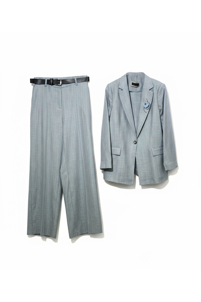 Fusion Kadın Takım Elbise Kemerli Düğmeli Ceket ve Geniş Paça Pantolon Model