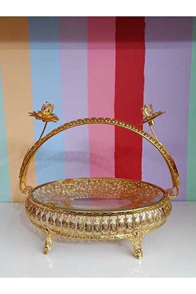DEKOR ZÜCCACİYE HOME Gold Metal Oval Candy Dish with Glass Lid and Handle on Top