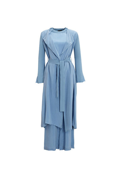 MISS DALIDA Yanları Düğmeli Bol Paça Cupro Mavi Pantolon