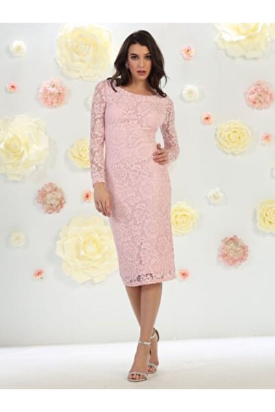 France Mode Rochie de ocazie roz midi mulata din dantela cu maneca lunga