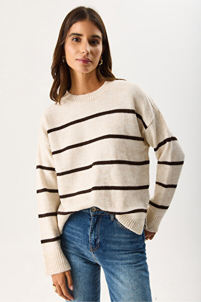 VENA Γυναικείο πλεκτό πουλόβερ Anita με λαιμόκοψη με ρίγες - ιβουάρ - καφέ ριγέ