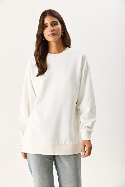 VENA Women's Crew Neck Side Slit Regular Fit 3 Thread Sweatshirt 100% Cotton - Ivory