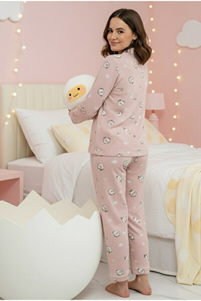 Siyah İnci Set de pijamale cu mâneci lungi și nasturi cu model de ouă pudră cu vipușcă 7926