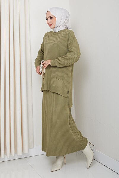 katalya Hijab Ribbed Textured Pocket Knitwear Set – Khaki