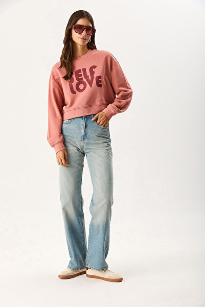 VENA Women's Self Love Print Detailed Sweatshirt 100% Cotton - Dried Rose