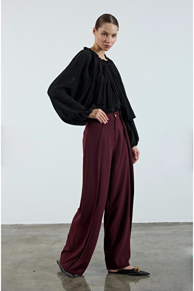 LUMERA BY TUĞBA KARADAĞ Şık Geniş Paça Pantolon | Mürdüm & Siyah | Modern Stil