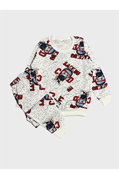 ALİŞ KİDS Boys' Cotton Fleece-Lined White Labubu Patterned Long Sleeve Winter Pajama Set