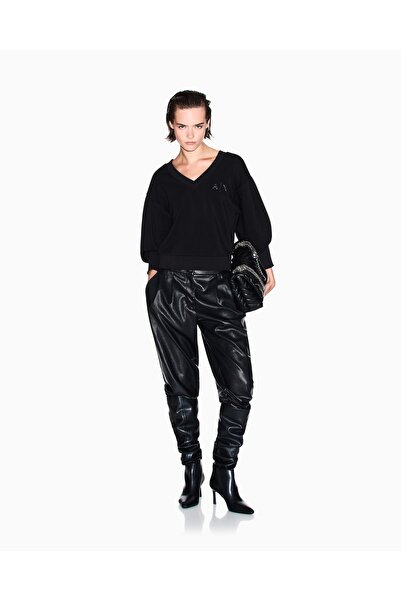 Armani Exchange Women's Comfortable Fit V-Neck Ax Logo Embossed Long Sleeve Black Sweatshirt Xw000972 Af16111-Uc001