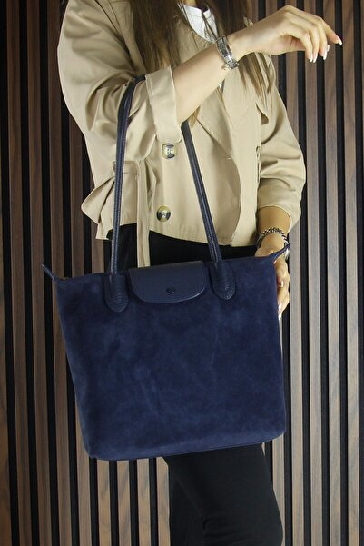 Erkan Saçmacı Navy Blue Genuine Cowhide Suede Zippered Magnetic Closure Large Size Daily Shoulder Bag