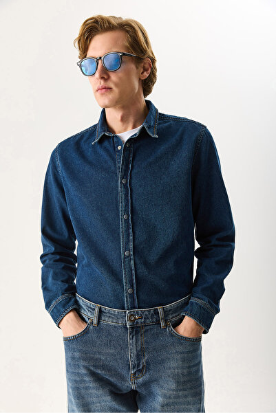 VENA Men's Nicolas Regular Fit Dark Blue Jean Shirt 100% Cotton - Dark Blue