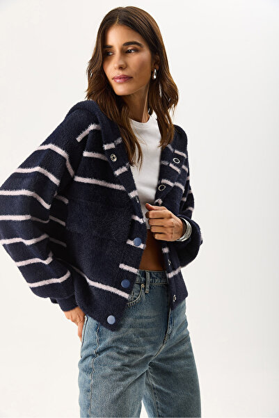 VENA Γυναικείο πλεκτό μπουφάν με κουκούλα με κουμπωτά μπροστά - Σκούρο μπλε - Ριγέ ιβουάρ