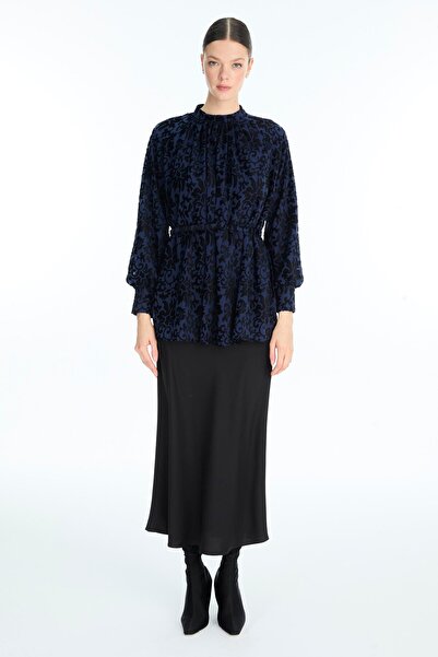 Zühre Patterned Balloon Sleeve Navy Blue Blouse B-0137