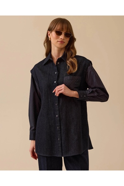 SEÇİL YENİ SEÇİL KADIN çift kumaşlı taş detaylı jean gömlek 10002512211001