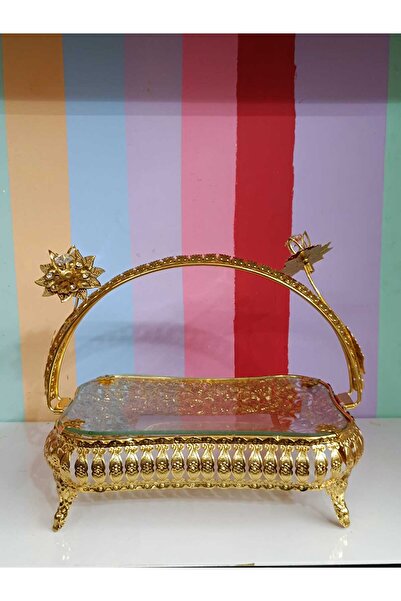 DEKOR ZÜCCACİYE HOME Gold Metal Top with Glass Handle Rectangular Candy Dish Presentation Plate