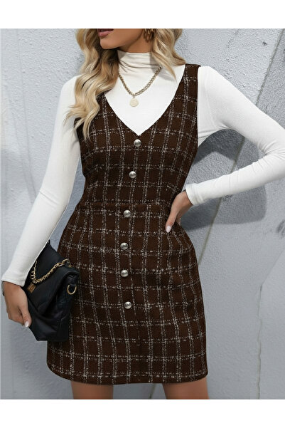 SİNGBADA V Yaka Tüvit Dokulu Ekose Desen Mini Elbise