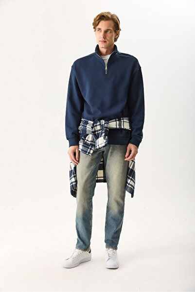 VENA Hanorac pentru bărbați Bruce guler ridicat cu jumătate de fermoar tricou bumbac 100% - bleumarin