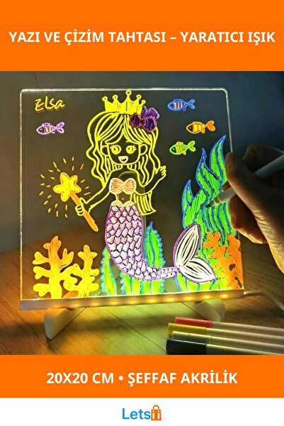 Genel Markalar LED Aydınlatmalı Tahta Yazı ve Çizim 20x20 cm Küçük Boy
