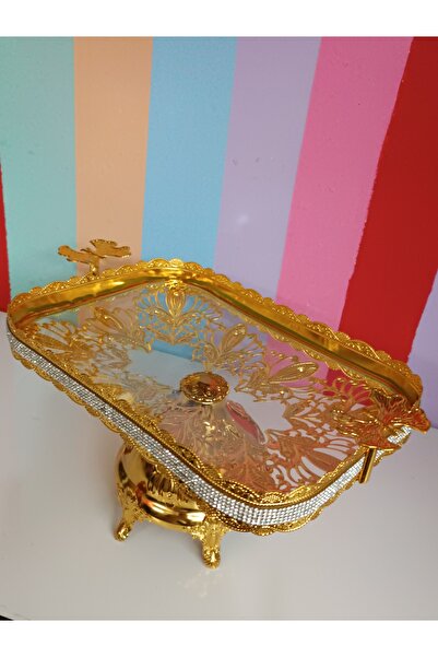 DEKOR ZÜCCACİYE HOME Gold Metal Butterfly Stone Pedestal Rectangular Glass Candy Dish Presentation Plate