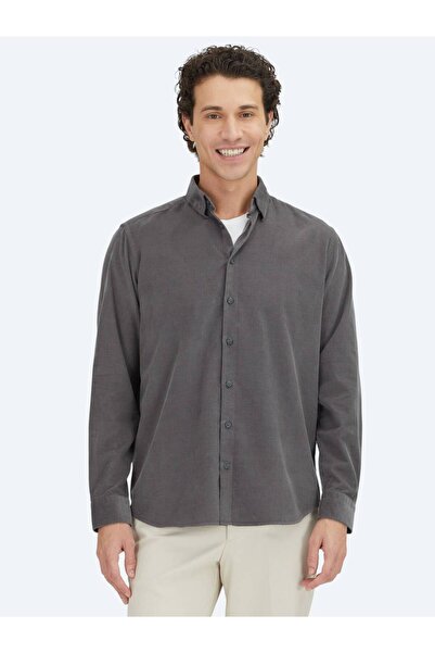 Kip Gray Striped Regular Fit Woven Velvet Casual 100% Cotton Shirt