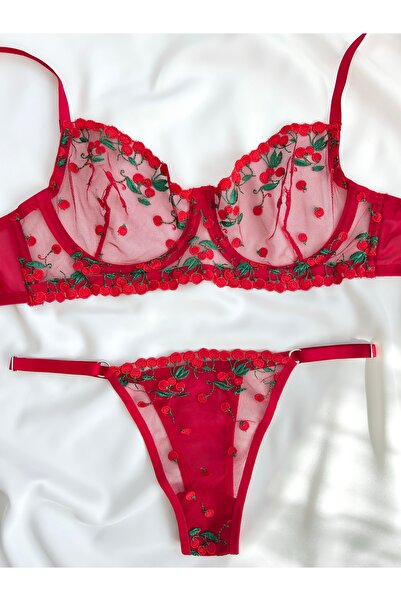 kiari Red Cherry Pattern Underwire Cupless Bra Thong Brode Lingerie Set