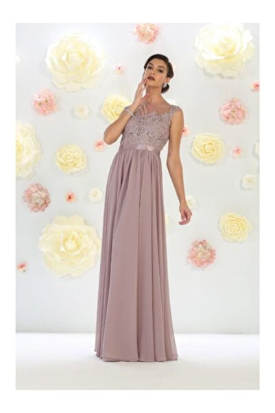 France Mode Rochie de seara bej lunga in clos din voal