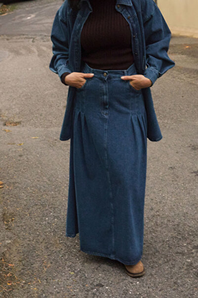 ZÜLAYS Pile Detaylı Denim Etek Açık Mavi