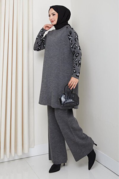 katalya Leopard Patterned Sleeve Detailed Knitwear Set – Gray