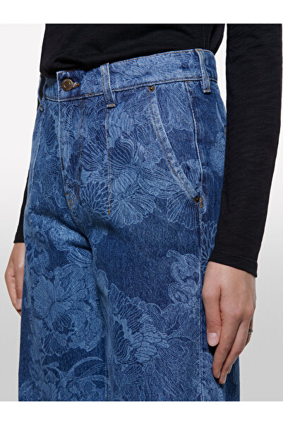 Sisley Pantaloni de damă bumbac 100% cu imprimeu cu talie normală croi relaxat din denim 325A4W9KLF07L-SIS902