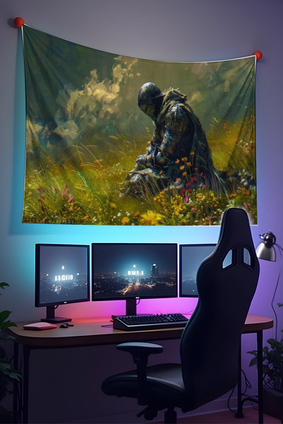 Halura Diz Çöken Şövalye Duvar Örtüsü– Kaliteli Kumaş, Gamer Oyuncu Oda Dekor...
