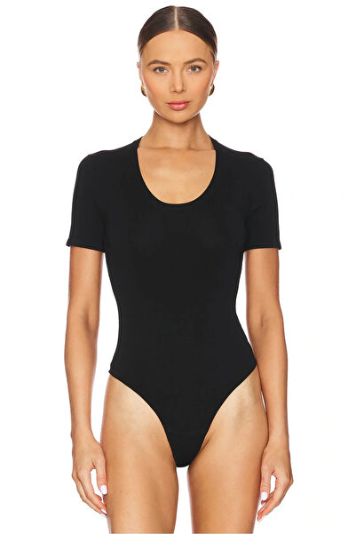 bysoca Дамски черен боди с къс ръкав, обгръщащ тялото, от еластичен памук, с ...